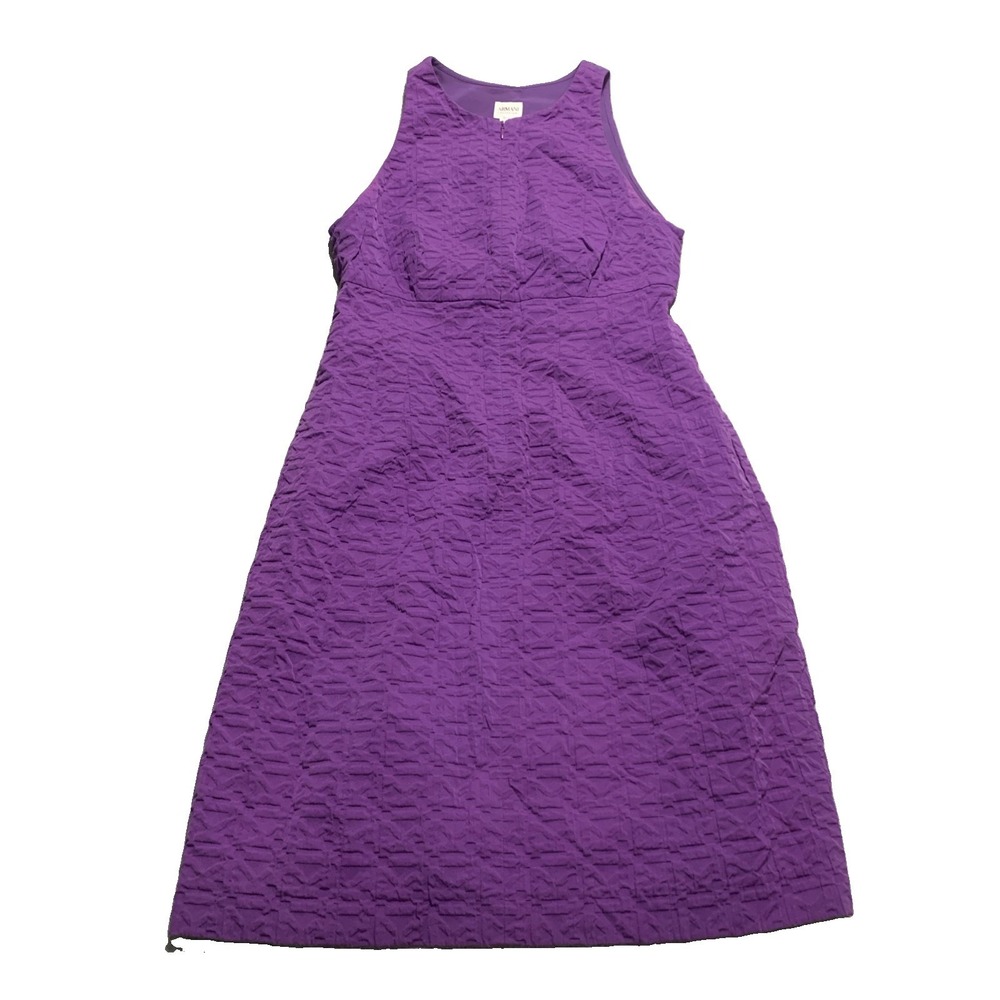Armani Collezioni Purple Puckered Midi Dress 6 Sleeveless Pockets Lined Luxury